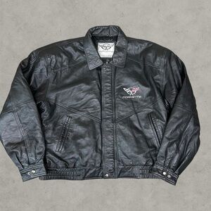 Corvette Leather Jacket Mens XL Black Comber Coat Embroidered Car Racing Zip Up